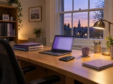 An accountant’s desk in the evening, with Evrella answering on the laptop