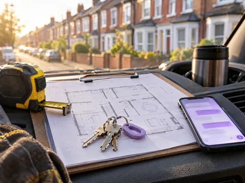 Plans, keys and a tape measure on a van’s dashboard, with Evrella chatting on the phone