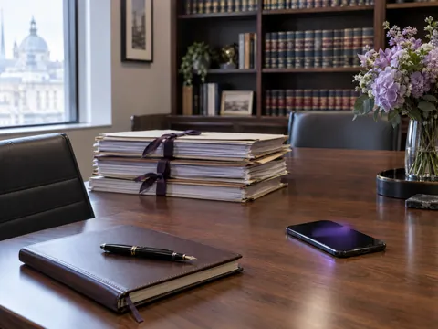 A solicitor’s meeting table with case files, and Evrella answering on the phone beside them