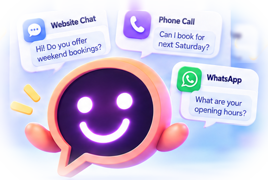 Ema, a smiling coral speech-bubble character, with three messages round her: a website chat asking “Hi! Do you offer weekend bookings?”, a phone call asking “Can I book for next Saturday?”, and a WhatsApp message asking “What are your opening hours?”.
